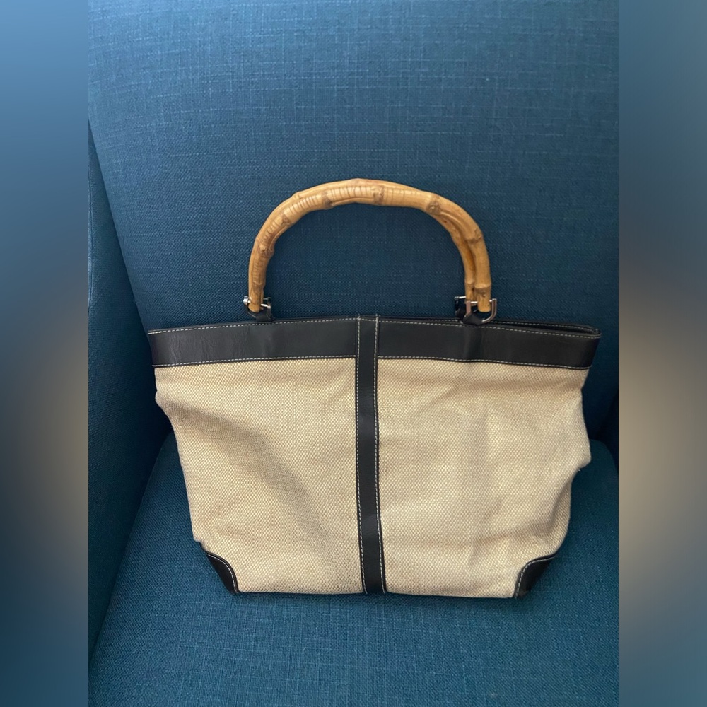 Kate Landry Woven Mettalic Straw Tote Leather Trim & Dual Bamboo Handles Bag
